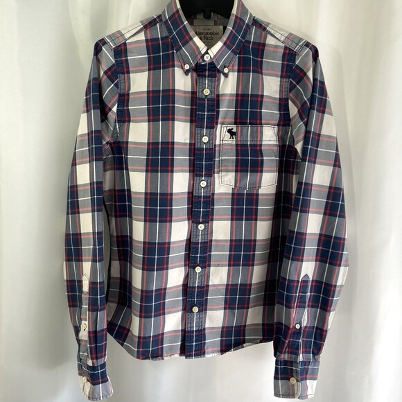 Abercrombie & Fitch Vintage Y2K Muscle Fit Plaid Button Down Shirt Navy Red (M) - Picture 2 of 10